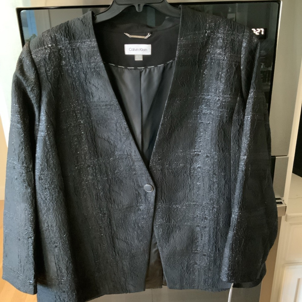 Calvin Klein Collarless Metallic Jaquard Blazer Black Plus Sz 22 Lined NWT